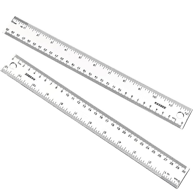 KASBEE Plastic Ruler 12 inch, Clear Rulers with Hanging Holes, Inches, Centimeters, Millimeters, Straight Measuring Tools for Students, School and Office, Pack of 2 - Image 1